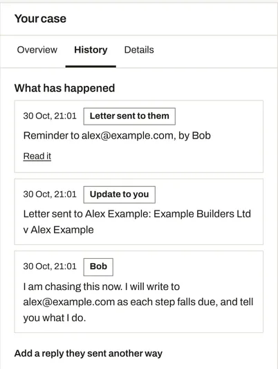 The case history: the reminder Bob sent to the customer, the update to you and Bob's message, each with its time.