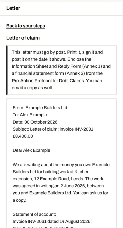 A letter of claim to a homeowner for an unpaid £8,400.00 invoice for a kitchen extension, with the note that it goes by post with the forms the debt protocol requires.