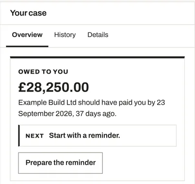 The case panel for an underpayment: £28,250.00 owed, which Example Build Ltd should have paid by 23 September 2026, and the next step, a reminder.