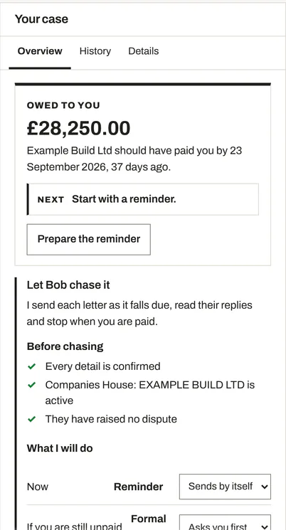 The case panel for an underpayment: £28,250.00 owed since 23 September 2026, the next step, a reminder, the checks before Bob chases it, and which letters send by themselves and which ask you first.