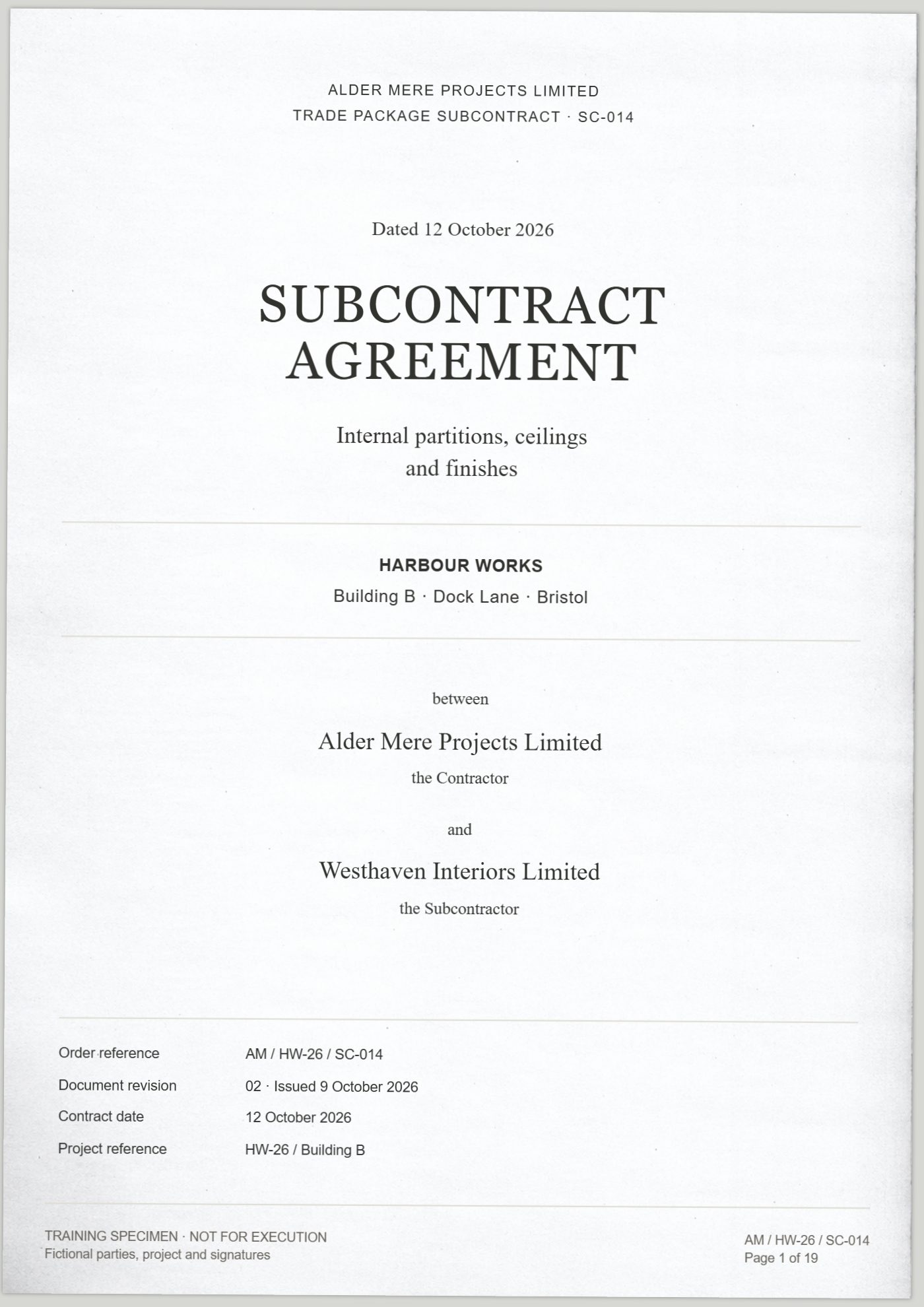 Scanned subcontract page 1 of 19: Title page. A text version is available in the review column.